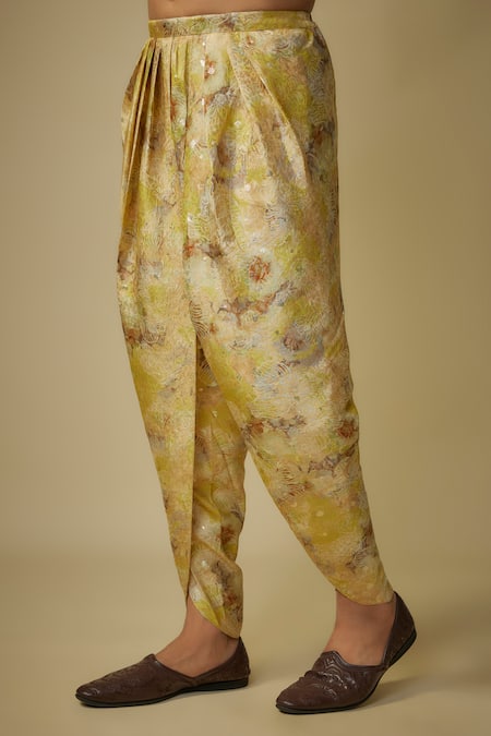 Shop_Masumi Mewawalla_Yellow Satin, Silk, Jacquard Solid Kurta Set With Dhoti _Online_at_Aza_Fashions