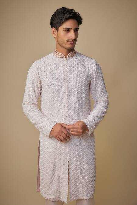 Buy_Masumi Mewawalla_Pink Viscose, Linen Sequins, Cut Work Baby And Cutdana Kurta Set _Online_at_Aza_Fashions