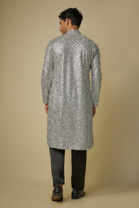 Masumi Mewawalla Silver Sequin Nalki Embellished Kurta Set 