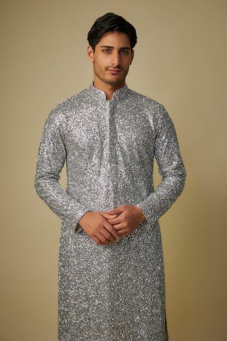 Masumi Mewawalla Silver Satin, Silk, Jacquard Sequins Nalki Embellished Kurta Set Online at Aza Fashions Masumi Mewawalla_Silver Satin, Silk, Jacquard Sequins Nalki Embellished Kurta Set _Online_at_Aza_Fashions
