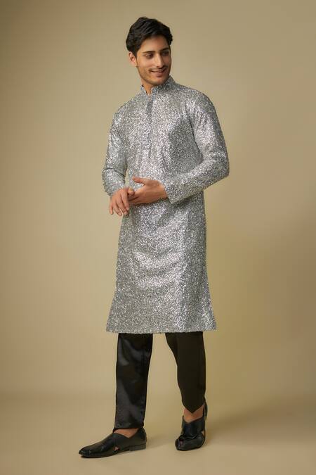 Shop Masumi Mewawalla Silver Satin, Silk, Jacquard Sequins Nalki Embellished Kurta Set Online at Aza Fashions Shop_Masumi Mewawalla_Silver Satin, Silk, Jacquard Sequins Nalki Embellished Kurta Set _Online_at_Aza_Fashions