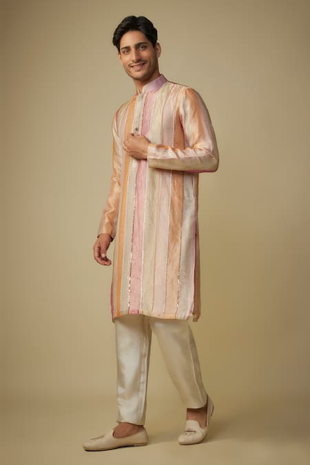 Masumi Mewawalla_Multi Color Tissue, Linen Sequins, Cut Work Striped Embroidered Kurta Set _Online_at_Aza_Fashions