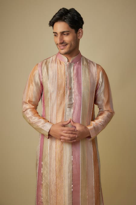 Buy_Masumi Mewawalla_Multi Color Tissue, Linen Sequins, Cut Work Striped Embroidered Kurta Set _Online_at_Aza_Fashions