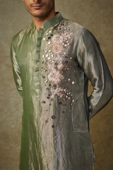 Shop Masumi Mewawalla Green Tissue, Linen Sequins, Embroidery Bloom Kurta Set Online at Aza Fashions Shop_Masumi Mewawalla_Green Tissue, Linen Sequins, Embroidery Bloom Kurta Set _Online_at_Aza_Fashions