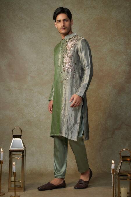 Masumi Mewawalla Green Tissue, Linen Sequins, Embroidery Bloom Kurta Set at Aza Fashions Masumi Mewawalla_Green Tissue, Linen Sequins, Embroidery Bloom Kurta Set _at_Aza_Fashions