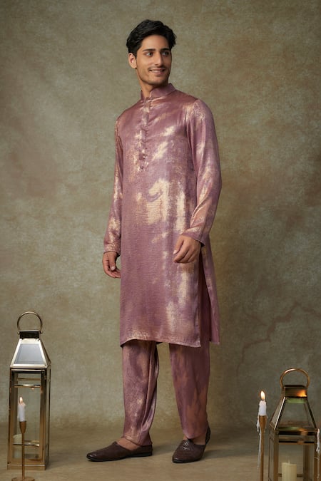 Masumi Mewawalla_Wine Cotton Foil Printing Woven Kurta Set _Online_at_Aza_Fashions