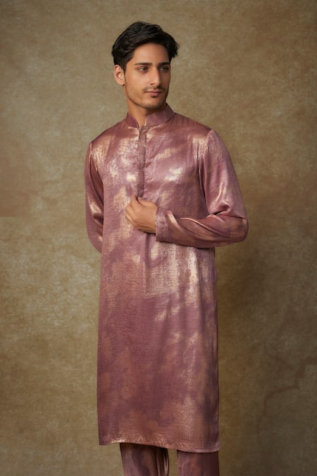 Buy_Masumi Mewawalla_Wine Cotton Foil Printing Woven Kurta Set _Online_at_Aza_Fashions