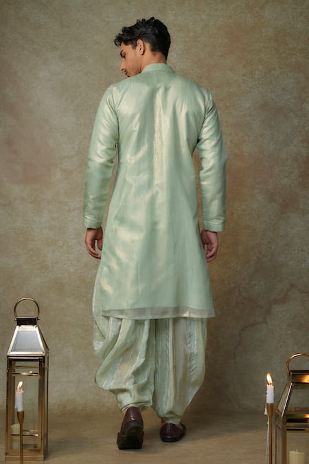 Masumi Mewawalla Embroidered Placket Tissue Kurta & Striped Dhoti 