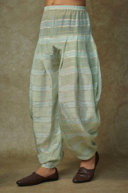 Masumi Mewawalla_Green Tissue, Linen Embroidery Placket Kurta And Striped Dhoti _Online_at_Aza_Fashions