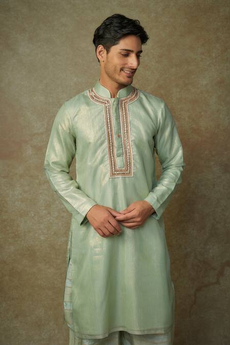 Buy_Masumi Mewawalla_Green Tissue, Linen Embroidery Placket Kurta And Striped Dhoti _Online_at_Aza_Fashions