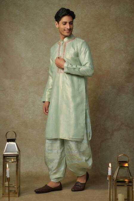 Shop_Masumi Mewawalla_Green Tissue, Linen Embroidery Placket Kurta And Striped Dhoti _Online_at_Aza_Fashions