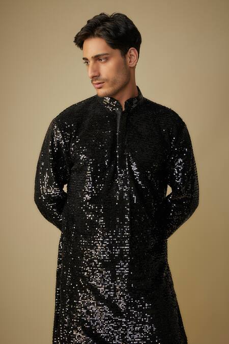 Masumi Mewawalla_Black Viscose, Linen Sequins Embroidered Kurta Set _Online_at_Aza_Fashions