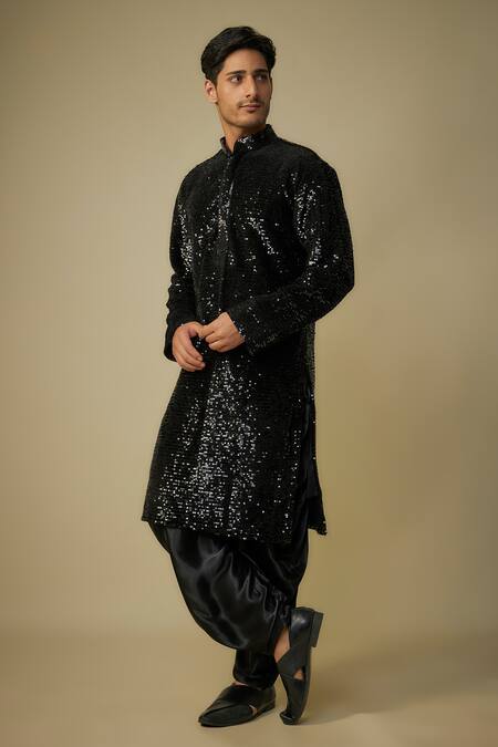 Shop_Masumi Mewawalla_Black Viscose, Linen Sequins Embroidered Kurta Set _Online_at_Aza_Fashions