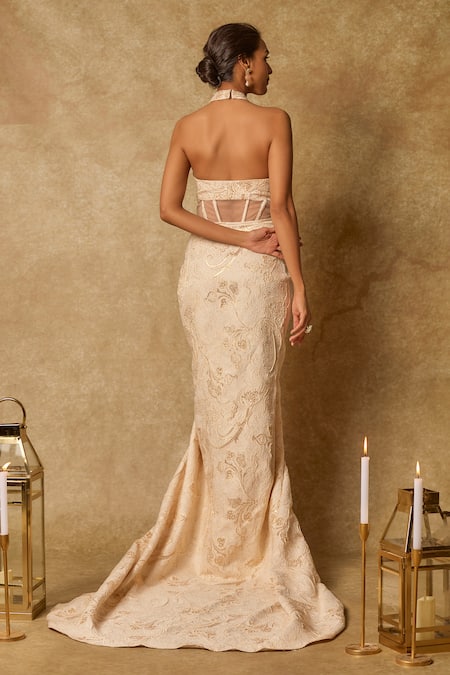 Masumi Mewawalla Beige Floral Embroidered Draped Gown 