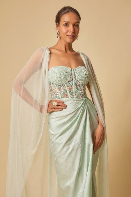 Buy_Masumi Mewawalla_Green Brocade, Tulle Beads Off-shoulder, Embroidered Corset Gown With Cape _Online_at_Aza_Fashions
