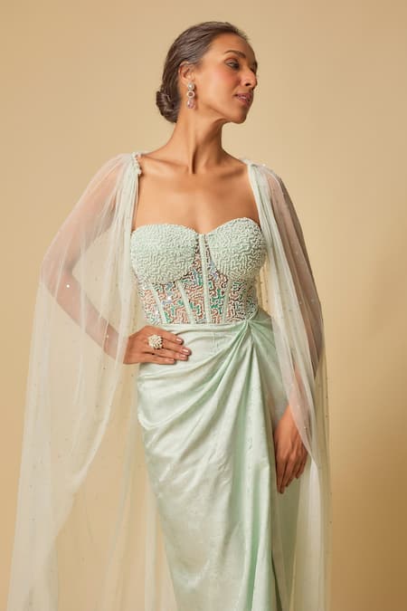 Shop_Masumi Mewawalla_Green Brocade, Tulle Beads Off-shoulder, Embroidered Corset Gown With Cape _Online_at_Aza_Fashions