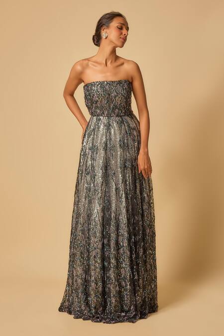 Masumi Mewawalla_Black Tulle, Linen Sequins Off-shoulder Celeste Off Gown _Online_at_Aza_Fashions