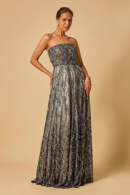 Buy_Masumi Mewawalla_Black Tulle, Linen Sequins Off-shoulder Celeste Off Gown _Online_at_Aza_Fashions