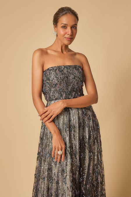 Shop_Masumi Mewawalla_Black Tulle, Linen Sequins Off-shoulder Celeste Off Gown _Online_at_Aza_Fashions