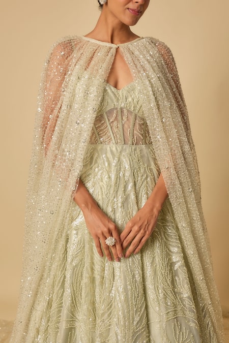 Masumi Mewawalla_Green Tissue, Tulle Sequins, Cut Work Sweetheart Blossom Embroidered Gown And Cape _Online_at_Aza_Fashions