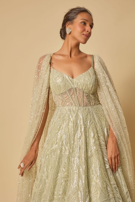 Buy_Masumi Mewawalla_Green Tissue, Tulle Sequins, Cut Work Sweetheart Blossom Embroidered Gown And Cape _Online_at_Aza_Fashions