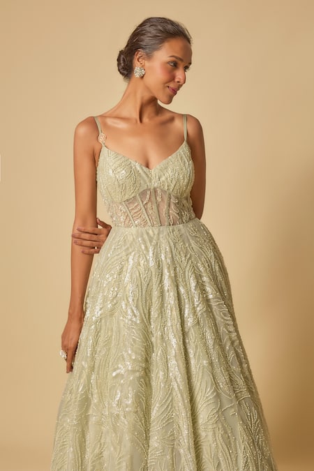 Shop_Masumi Mewawalla_Green Tissue, Tulle Sequins, Cut Work Sweetheart Blossom Embroidered Gown And Cape _Online_at_Aza_Fashions