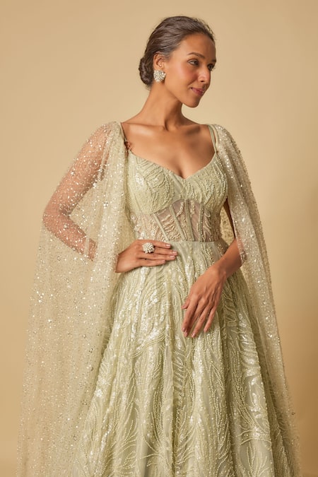 Masumi Mewawalla_Green Tissue, Tulle Sequins, Cut Work Sweetheart Blossom Embroidered Gown And Cape _at_Aza_Fashions