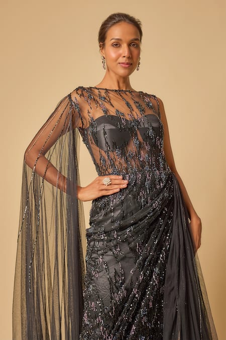 Masumi Mewawalla Black Tulle, Gingham Sequins, Cut Work Boat Neck Celeste Embroidered Draped Gown Online at Aza Fashions Masumi Mewawalla_Black Tulle, Gingham Sequins, Cut Work Boat Neck Celeste Embroidered Draped Gown _Online_at_Aza_Fashions