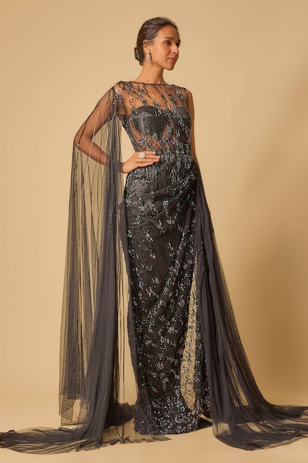 Shop Masumi Mewawalla Black Tulle, Gingham Sequins, Cut Work Boat Neck Celeste Embroidered Draped Gown Online at Aza Fashions Shop_Masumi Mewawalla_Black Tulle, Gingham Sequins, Cut Work Boat Neck Celeste Embroidered Draped Gown _Online_at_Aza_Fashions