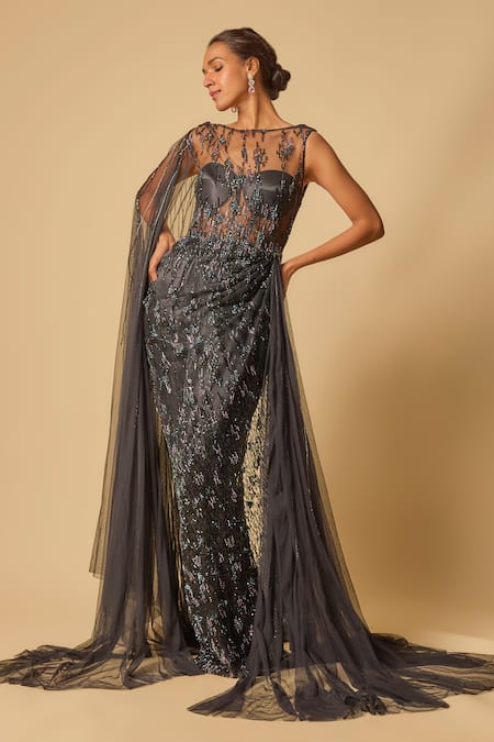 Masumi Mewawalla Black Tulle, Gingham Sequins, Cut Work Boat Neck Celeste Embroidered Draped Gown at Aza Fashions Masumi Mewawalla_Black Tulle, Gingham Sequins, Cut Work Boat Neck Celeste Embroidered Draped Gown _at_Aza_Fashions