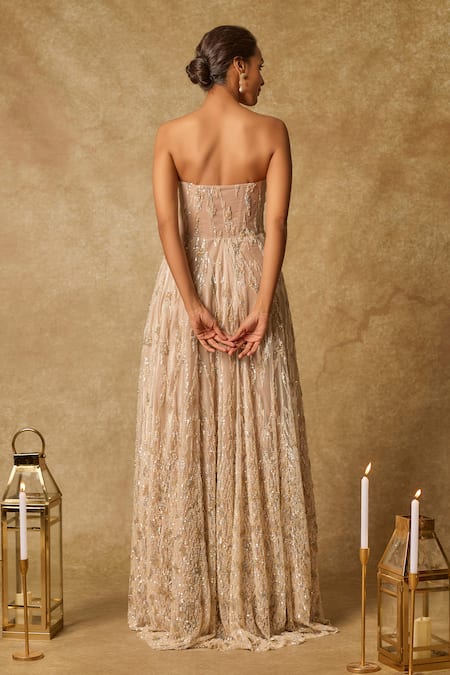 Masumi Mewawalla Beige Sequin Bloom Embroidered Gown 