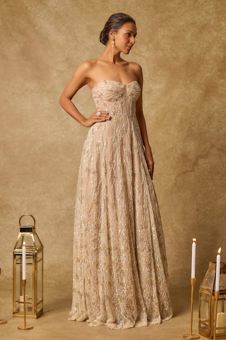 Masumi Mewawalla_Beige Organza, Tulle, Linen Crystals, Cut Work, Sequins Bloom Embroidered Gown _Online_at_Aza_Fashions