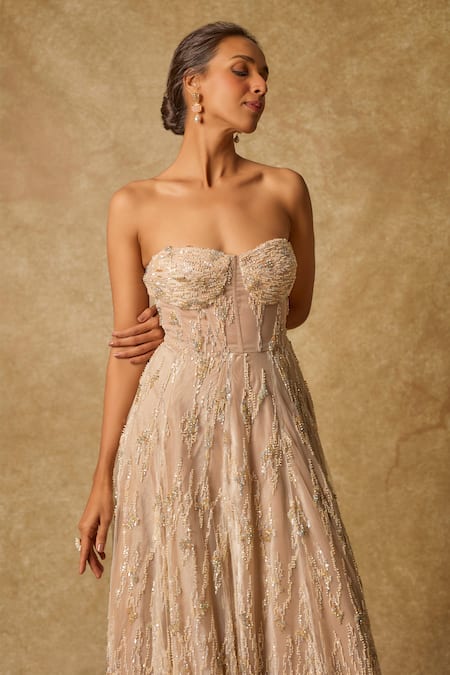 Buy_Masumi Mewawalla_Beige Organza, Tulle, Linen Crystals, Cut Work, Sequins Bloom Embroidered Gown _Online_at_Aza_Fashions