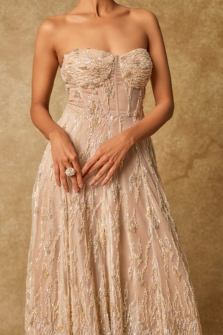 Shop_Masumi Mewawalla_Beige Organza, Tulle, Linen Crystals, Cut Work, Sequins Bloom Embroidered Gown _Online_at_Aza_Fashions