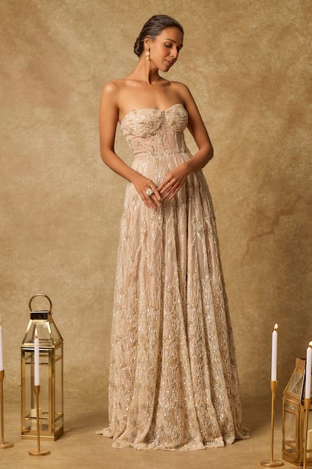 Masumi Mewawalla_Beige Organza, Tulle, Linen Crystals, Cut Work, Sequins Bloom Embroidered Gown _at_Aza_Fashions