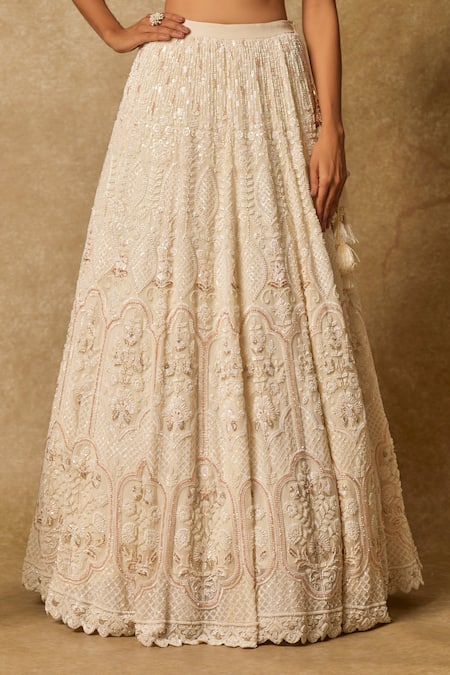 Masumi Mewawalla_Yellow Georgette, Linen, Gingham Sequins, Pearls Bahar Embroidered Lehenga Set _Online_at_Aza_Fashions