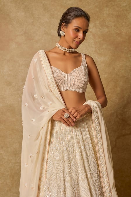 Buy_Masumi Mewawalla_Yellow Georgette, Linen, Gingham Sequins, Pearls Bahar Embroidered Lehenga Set _Online_at_Aza_Fashions