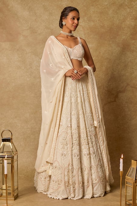 Masumi Mewawalla_Yellow Georgette, Linen, Gingham Sequins, Pearls Bahar Embroidered Lehenga Set _at_Aza_Fashions