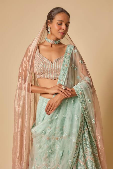 Masumi Mewawalla_Mint Tulle, Tissue, Silk Sequins, Cut Gullista Embroidered Green Lehenga Set _Online_at_Aza_Fashions