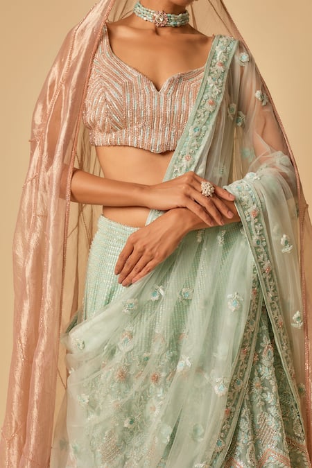 Buy_Masumi Mewawalla_Mint Tulle, Tissue, Silk Sequins, Cut Gullista Embroidered Green Lehenga Set _Online_at_Aza_Fashions