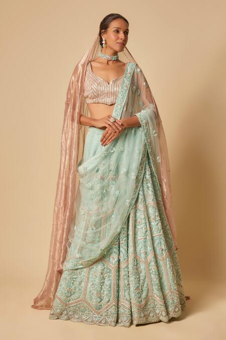 Masumi Mewawalla_Mint Tulle, Tissue, Silk Sequins, Cut Gullista Embroidered Green Lehenga Set _at_Aza_Fashions