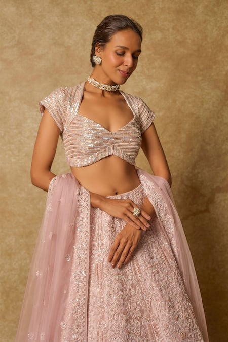 Masumi Mewawalla_Pink Tulle, Silk Sequins, Pearls Round Neck Florence Embroidered Lehenga Set _Online_at_Aza_Fashions