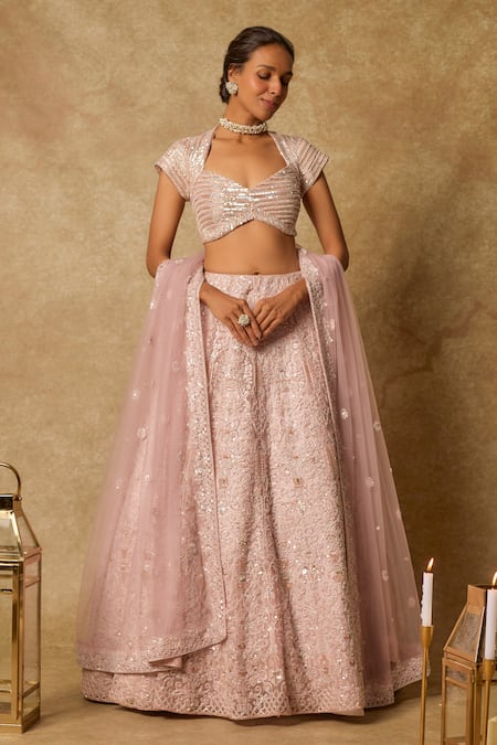 Masumi Mewawalla_Pink Tulle, Silk Sequins, Pearls Round Neck Florence Embroidered Lehenga Set _at_Aza_Fashions