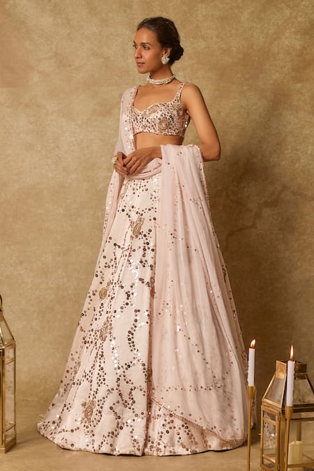 Buy_Masumi Mewawalla_Pink Silk Sequins, Cut Work Sweetheart Gardenia Bloom Embroidered Lehenga Set _Online_at_Aza_Fashions