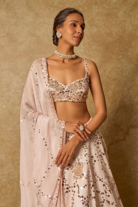 Shop_Masumi Mewawalla_Pink Silk Sequins, Cut Work Sweetheart Gardenia Bloom Embroidered Lehenga Set _Online_at_Aza_Fashions