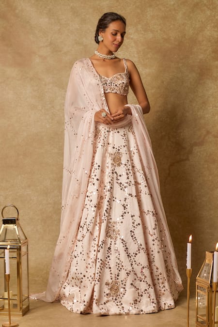 Buy_Masumi Mewawalla_Pink Silk Sequins, Cut Work Sweetheart Gardenia Bloom Embroidered Lehenga Set 