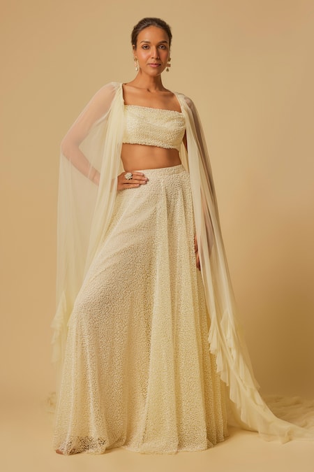 Masumi Mewawalla Yellow Tulle, Linen Cut Work, Embroidery Square Neck Cutdana Cape And Gharara Set at Aza Fashions Masumi Mewawalla_Yellow Tulle, Linen Cut Work, Embroidery Square Neck Cutdana Cape And Gharara Set _at_Aza_Fashions