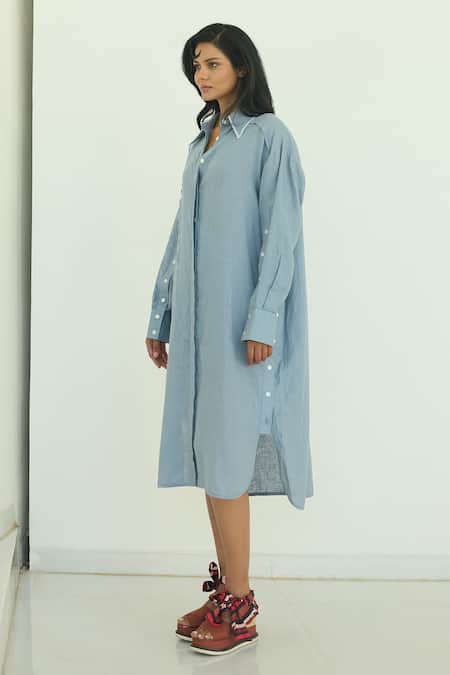 Shop Nirvanaa Blue Linen Button Down Shirt Dress 