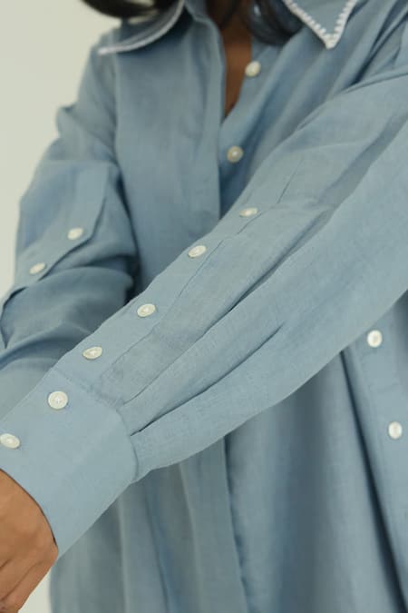 Shop Nirvanaa_Blue Linen Embroidery Collared Button Down Shirt Dress _Online_at_Aza_Fashions
