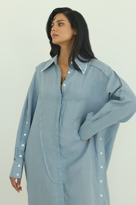 Buy_Shop Nirvanaa_Blue Linen Embroidery Collared Button Down Shirt Dress _Online_at_Aza_Fashions
